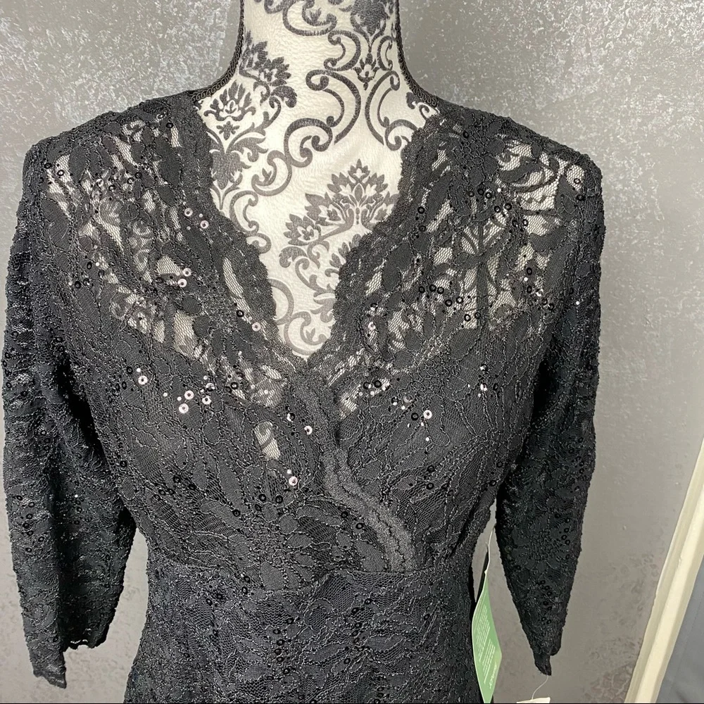 Blu Sage black lace sequin v-neck illusion knee length party formal dress - Picture 3 of 10